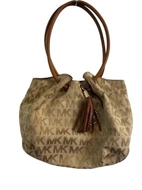 Michael Kors Beige Tan MK Logo Shoulder Bag with Tassel